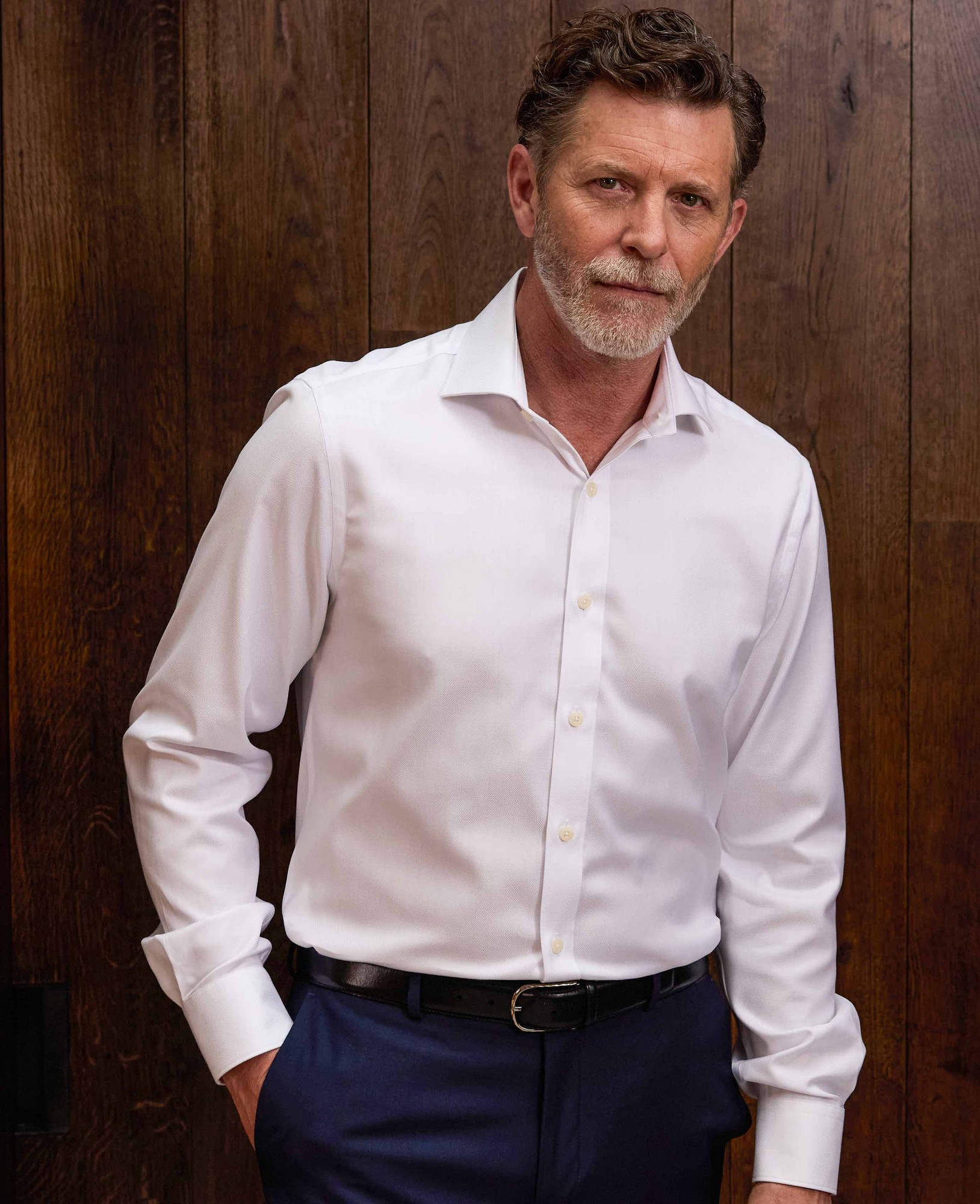 Men's White Herringbone Cotton Slim Fit Formal Shirt - Single Cuff - Size: 16.5" x Extra Long - 37" - Savile Row Company - image 2