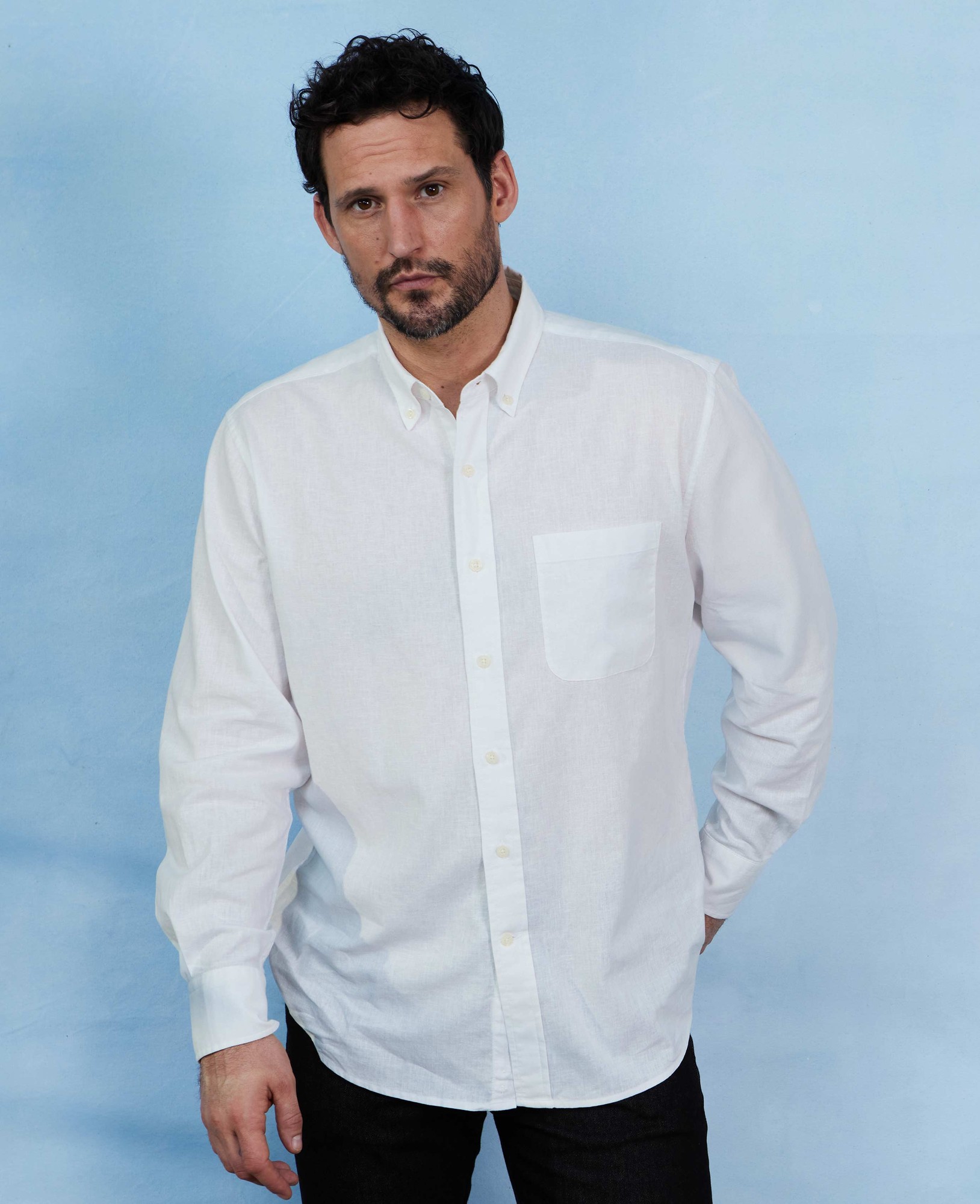 Men's White Linen-Blend Classic Fit Casual Shirt - Size: Medium x Extra Long - 36.5" - Savile Row Company - image 5