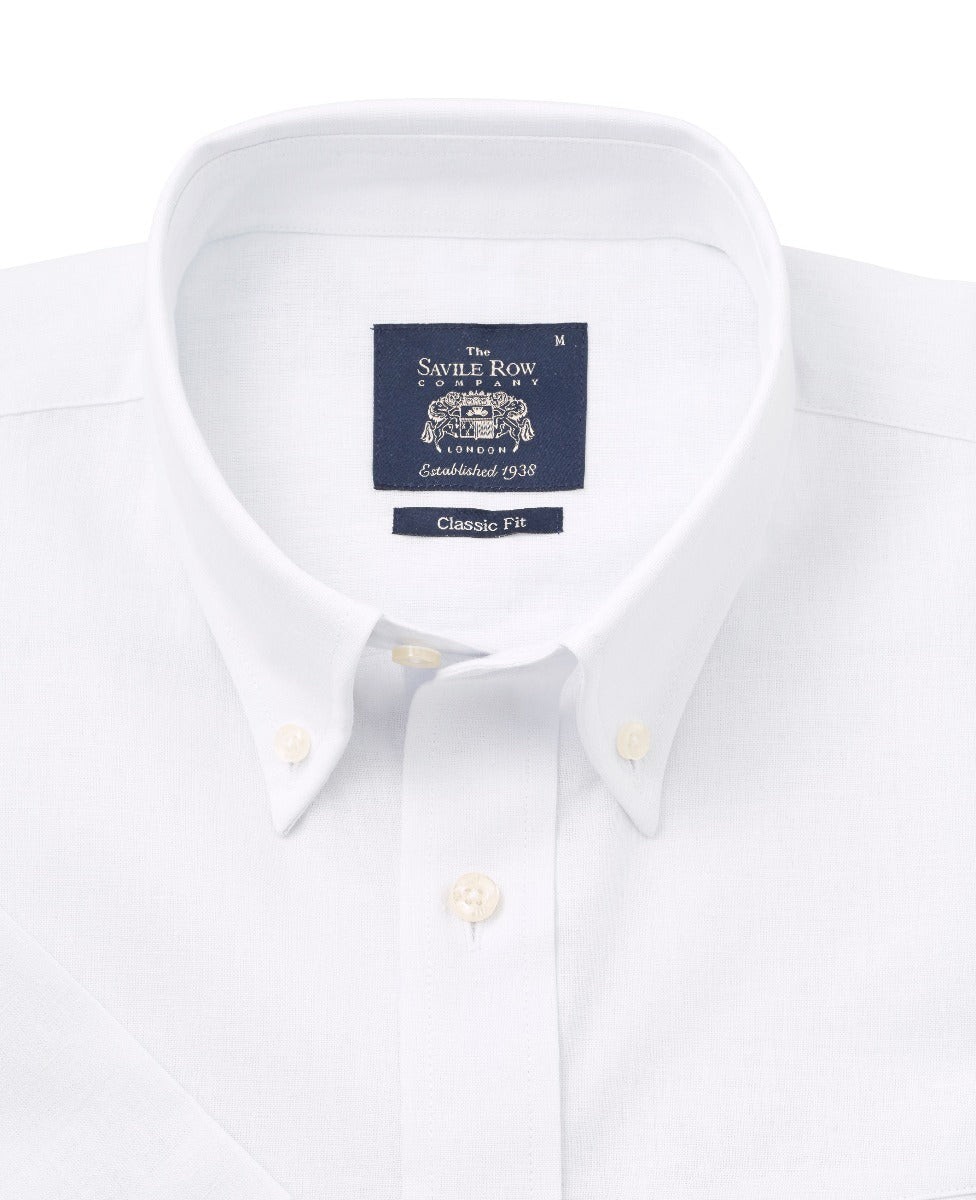 Men's White Linen-Blend Classic Fit Short Sleeve Shirt - Size: Small - Savile Row Company - image 4