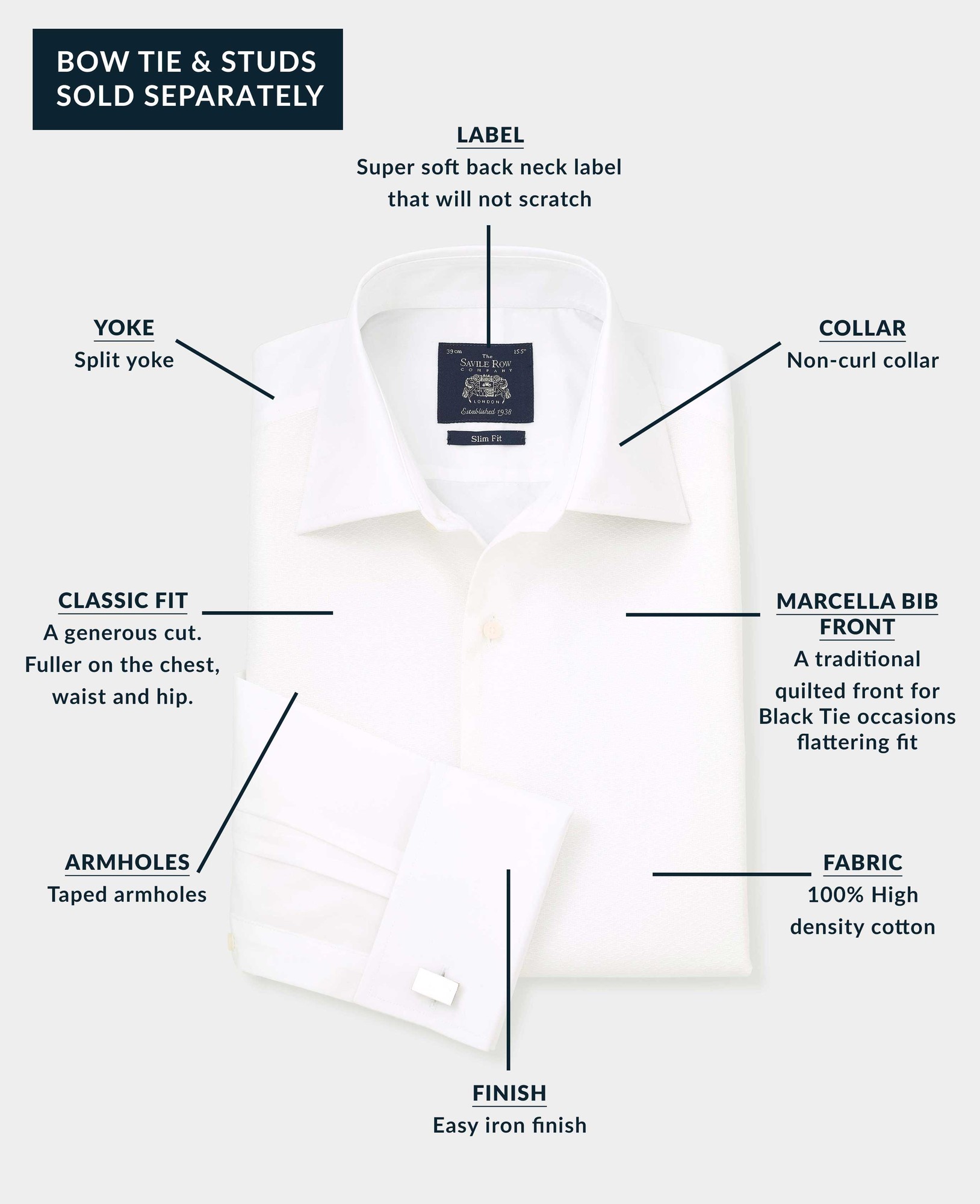 Men's White Marcella Bib Front Classic Fit Dress Formal Shirt - Double Cuff - Size: 15" x Extra Long - 36" - Savile Row Company - image 4
