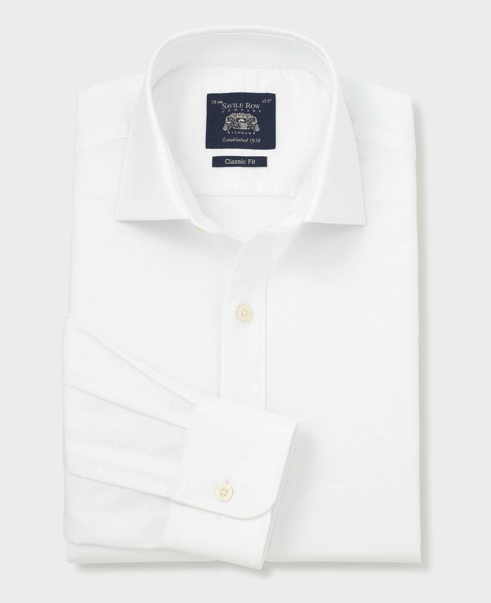 Savile Row Company Men's White Pinpoint Cotton Classic Fit Formal Shirt - Single Cuff - Size: 18.5" X Standard - 37" - Savile Row Company