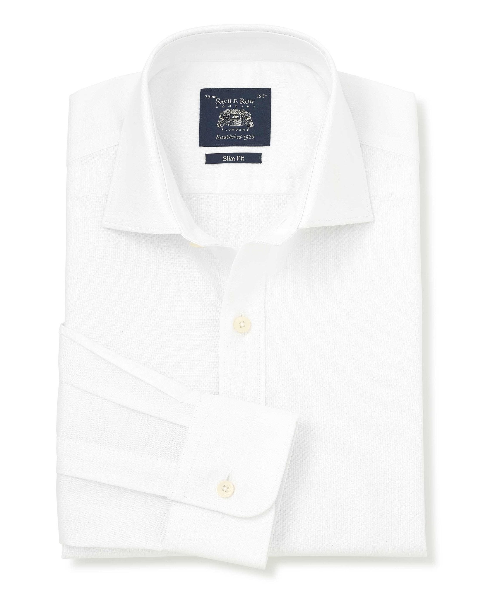 Men's white pinpoint cotton slim fit formal shirt with single cuff, size 15.5, extra long 36", featuring a classic collar and button details, by Savile Row Company.