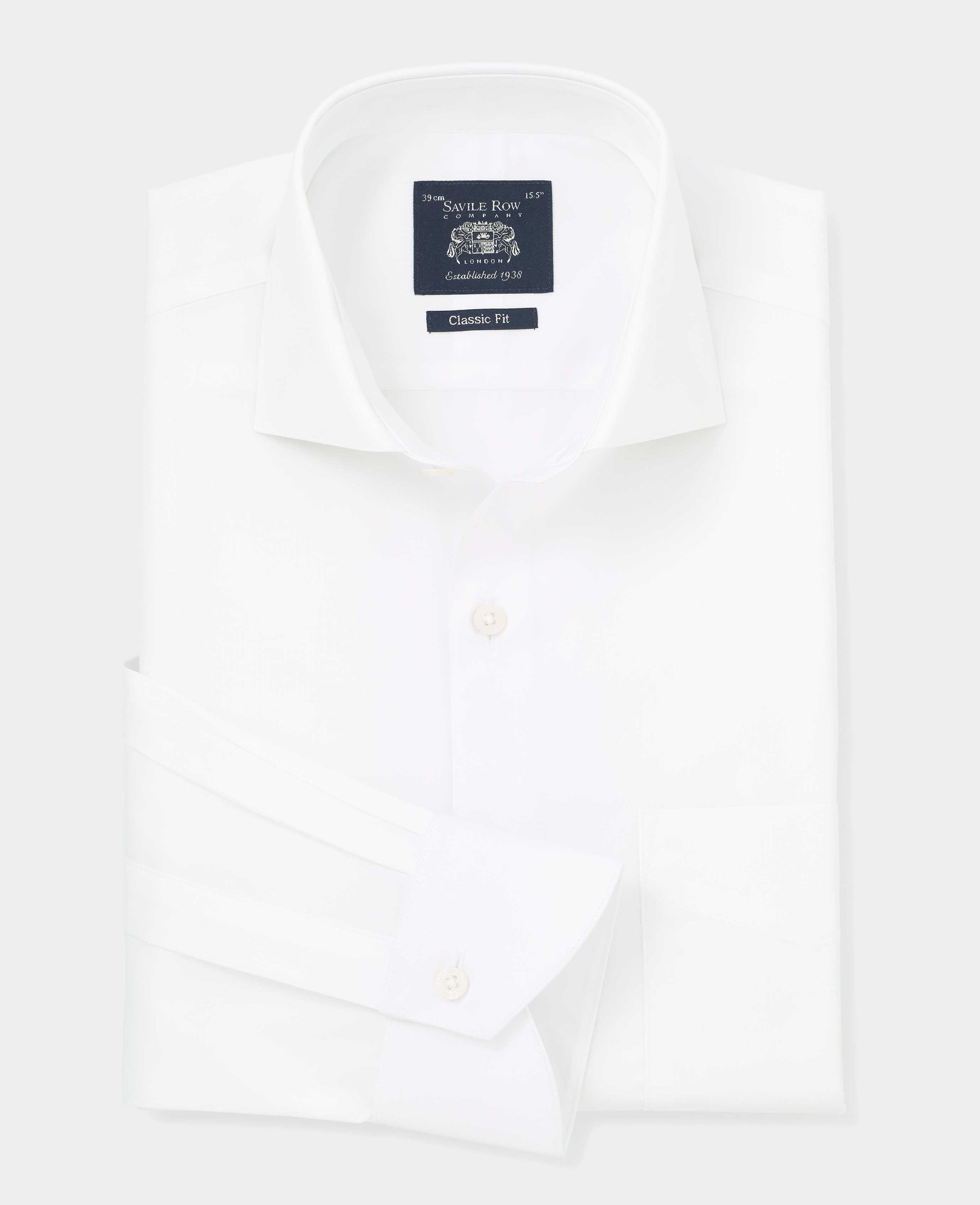 Men's white poplin formal shirt featuring a classic fit, single cuffs, and a size of 17" with an extra long 37.5" sleeve length, branded by Savile Row Company.