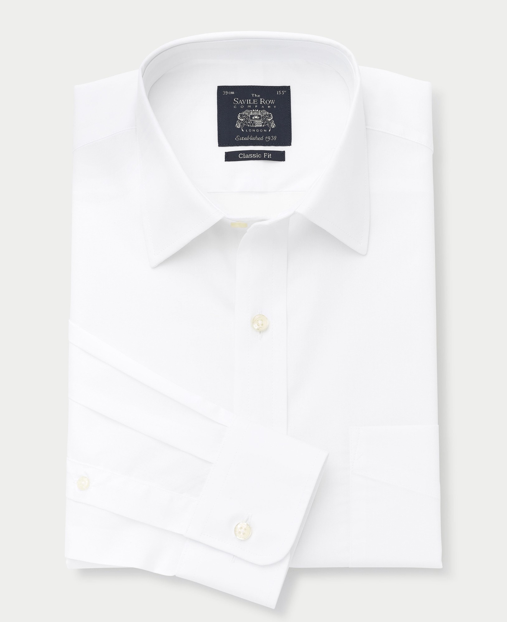 White poplin formal shirt featuring a classic fit, single or double cuff options, size 19" with extra long 39.5" sleeves, branded label from Savile Row Company.