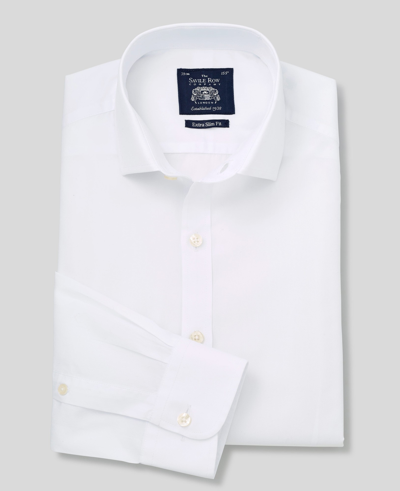 White poplin extra slim fit shirt with single cuff, size 16" X extra long 36.5", featuring a classic collar and button-down front, branded label from Savile Row Company.