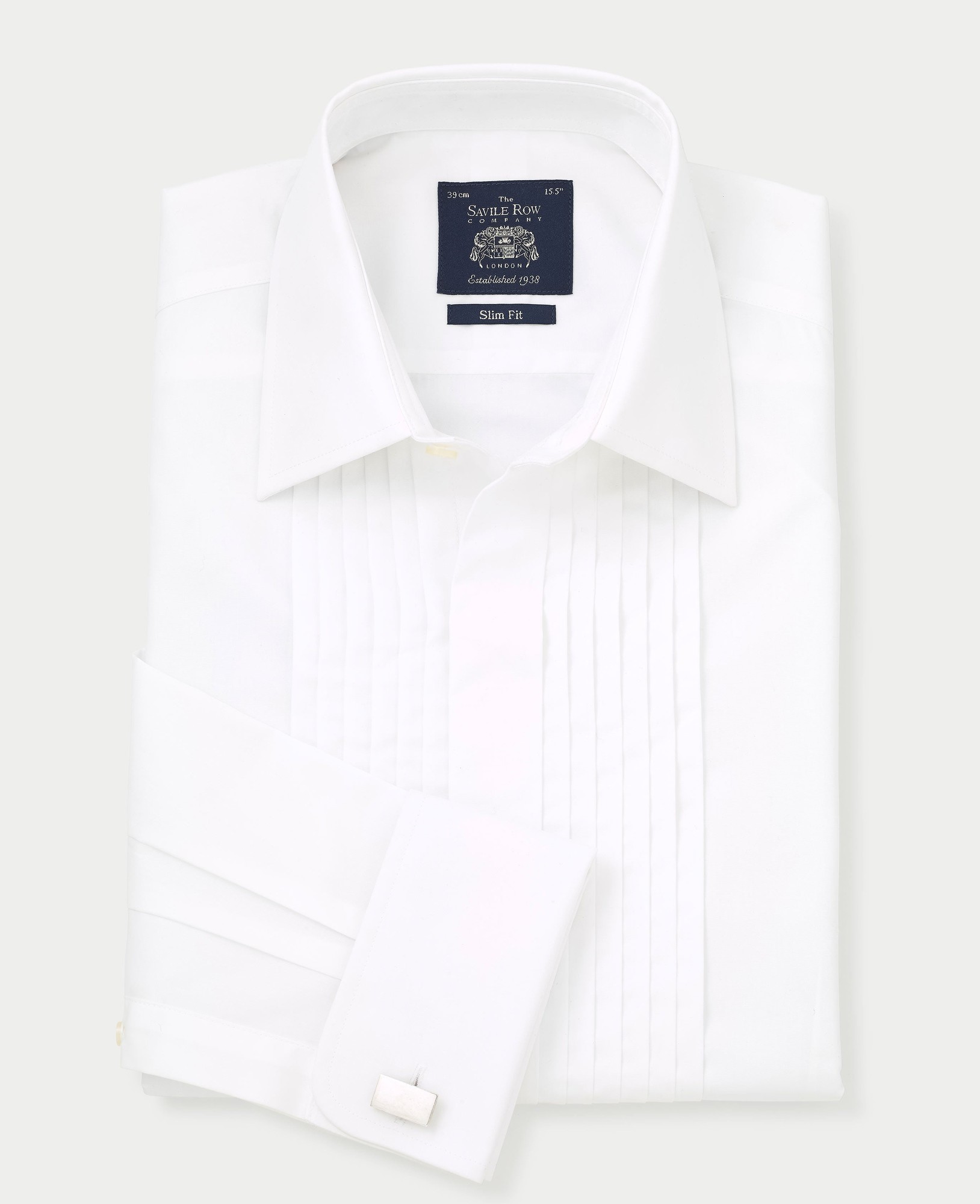 Men's white poplin formal shirt featuring pleats, slim fit design, double cuffs, and a size label of 18" X 37", from Savile Row Company.