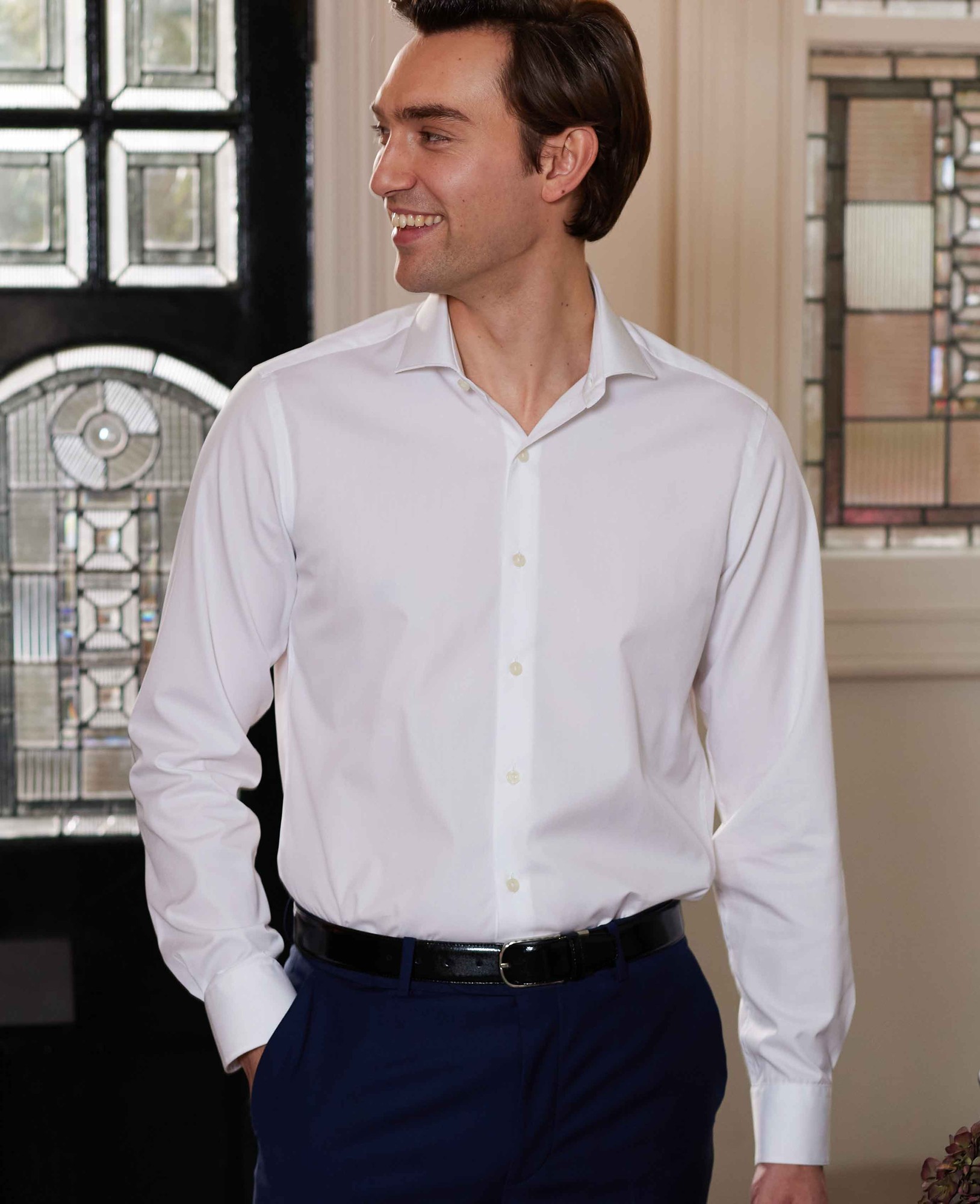 Men's White Poplin Slim Fit Formal Shirt - Single Cuff - Size: 15" x Extra Long - 35.5" - Savile Row Company - image 4