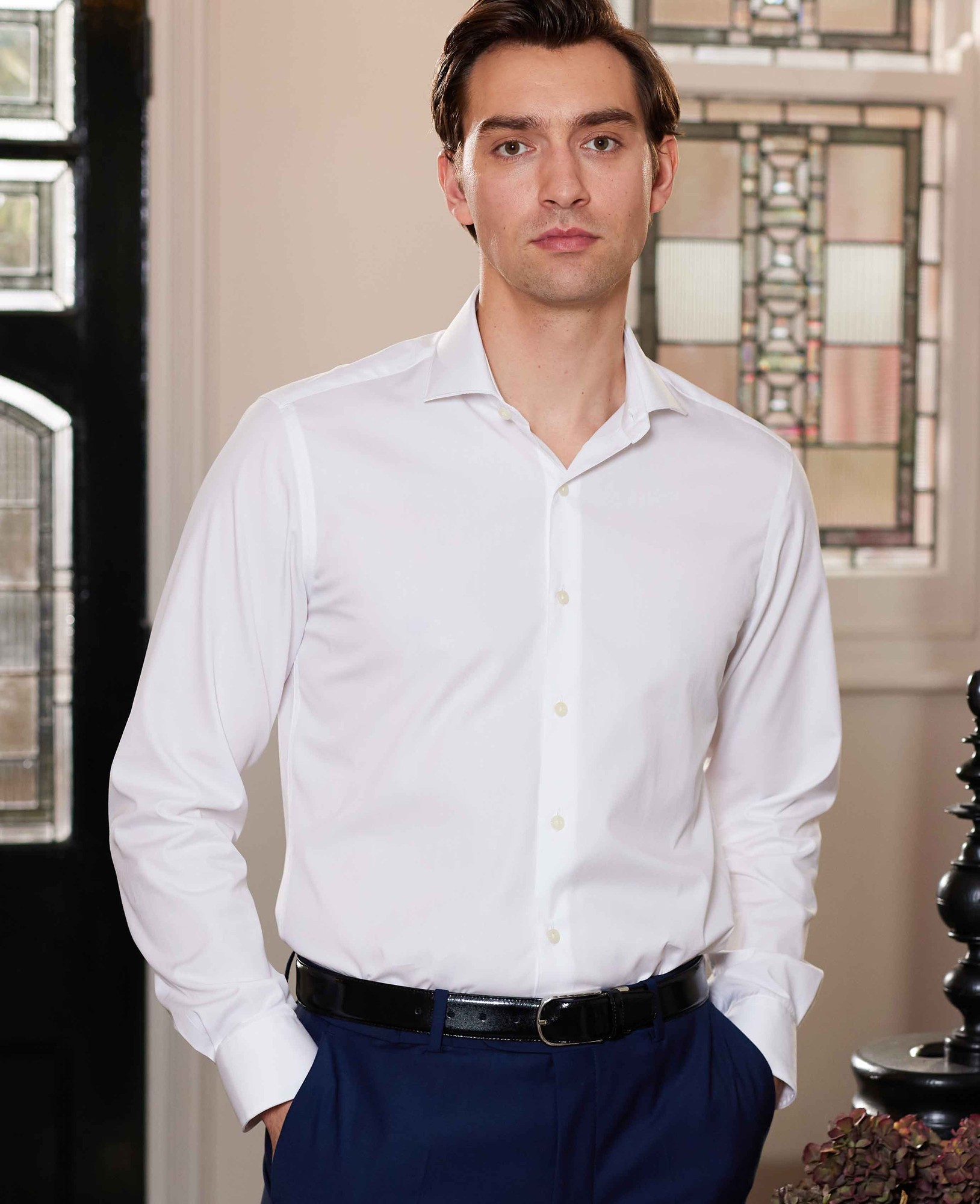 Men's White Poplin Slim Fit Formal Shirt - Single Cuff - Size: 16.5" x Extra Long - 37" - Savile Row Company - image 2