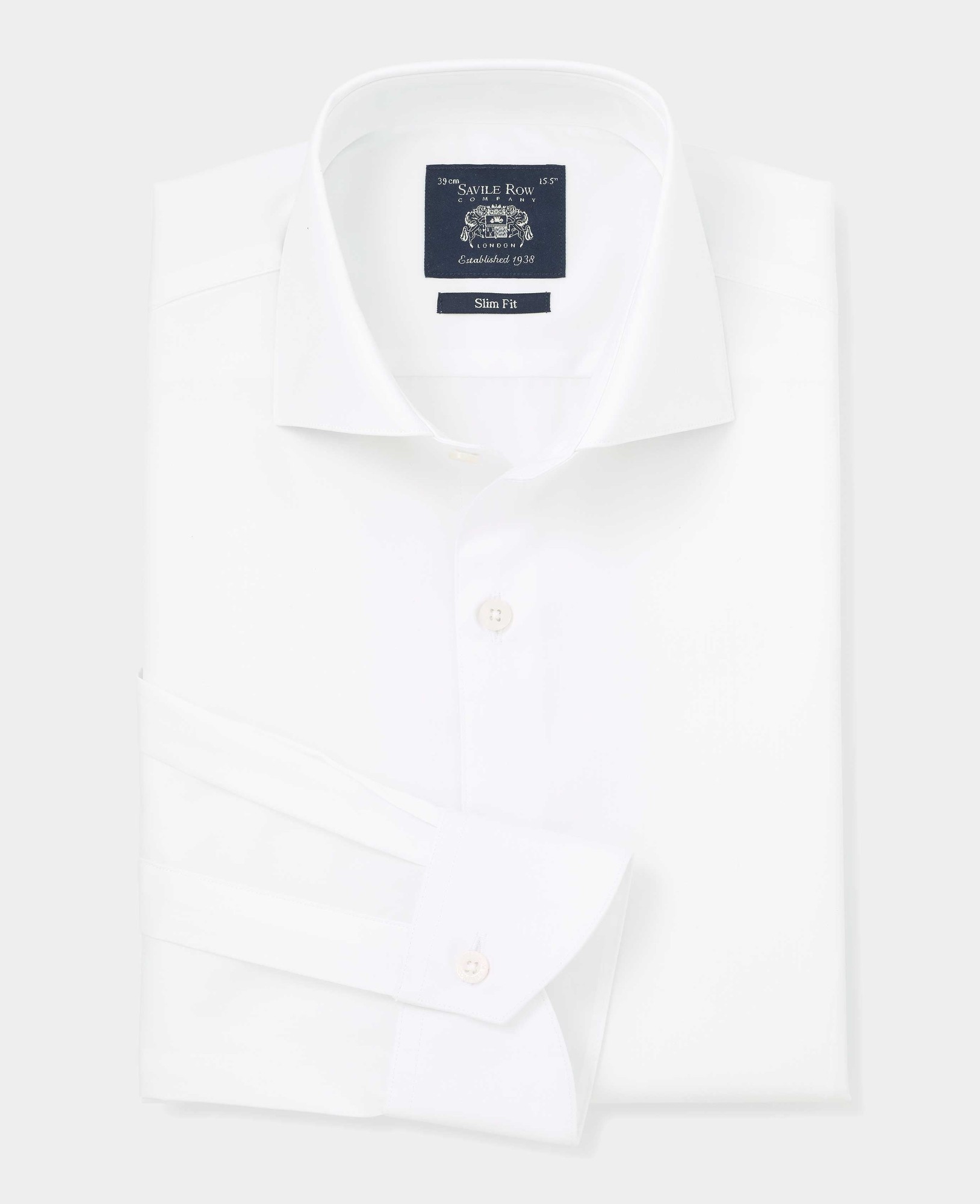 Men's white poplin slim fit formal shirt with single cuff, size 17, extra long 37.5", featuring a classic collar and Savile Row Company branding on the label.