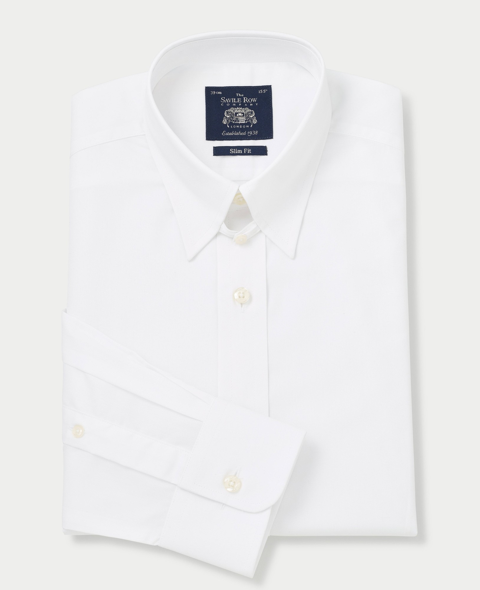 Men's white poplin formal shirt with a tab collar, slim fit, single cuff, size 16.5, extra long 37", featuring a classic design and Savile Row Company label.