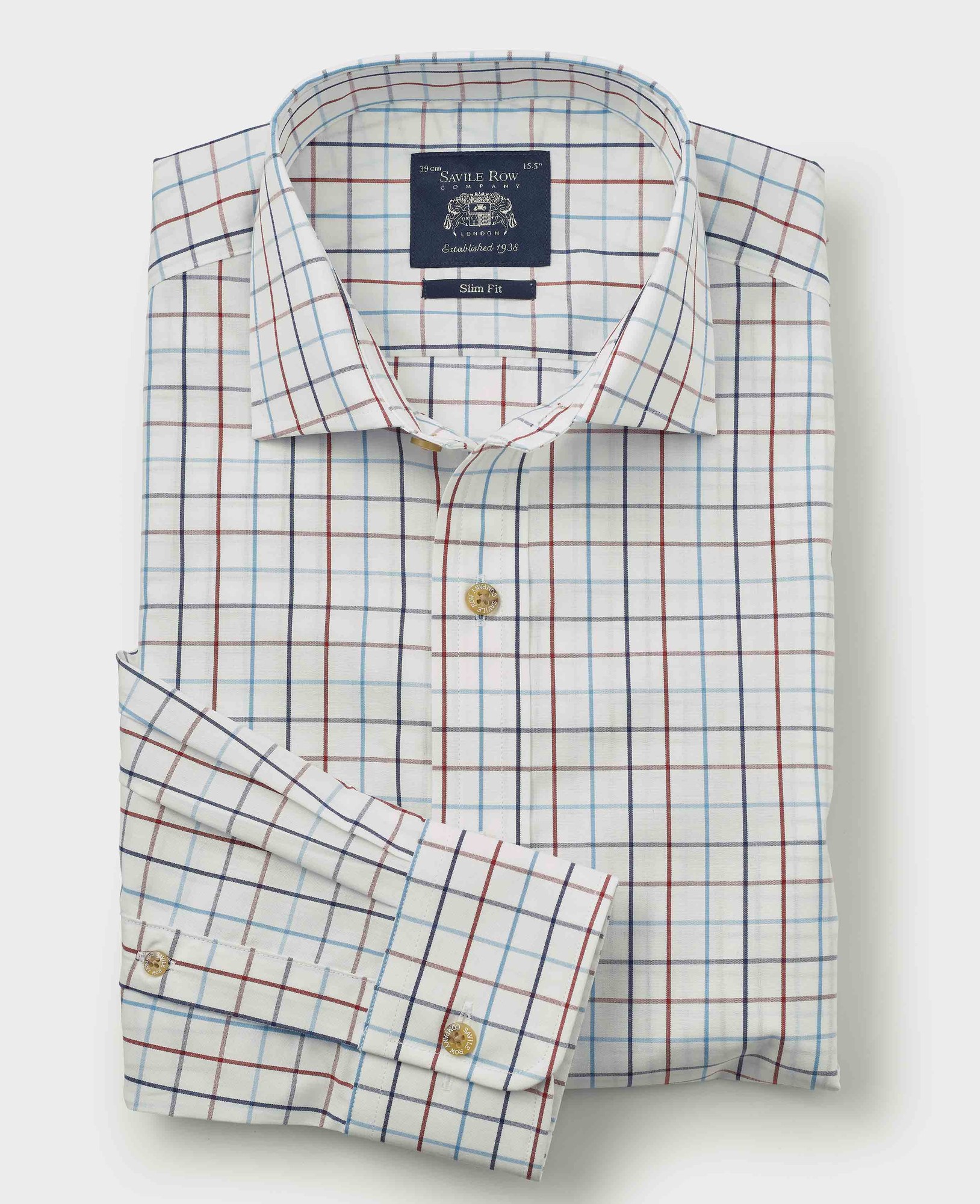 Men's slim fit formal shirt in white cotton with red and blue tattersall check pattern, single cuff, size 16.5, featuring a classic collar and button closure.