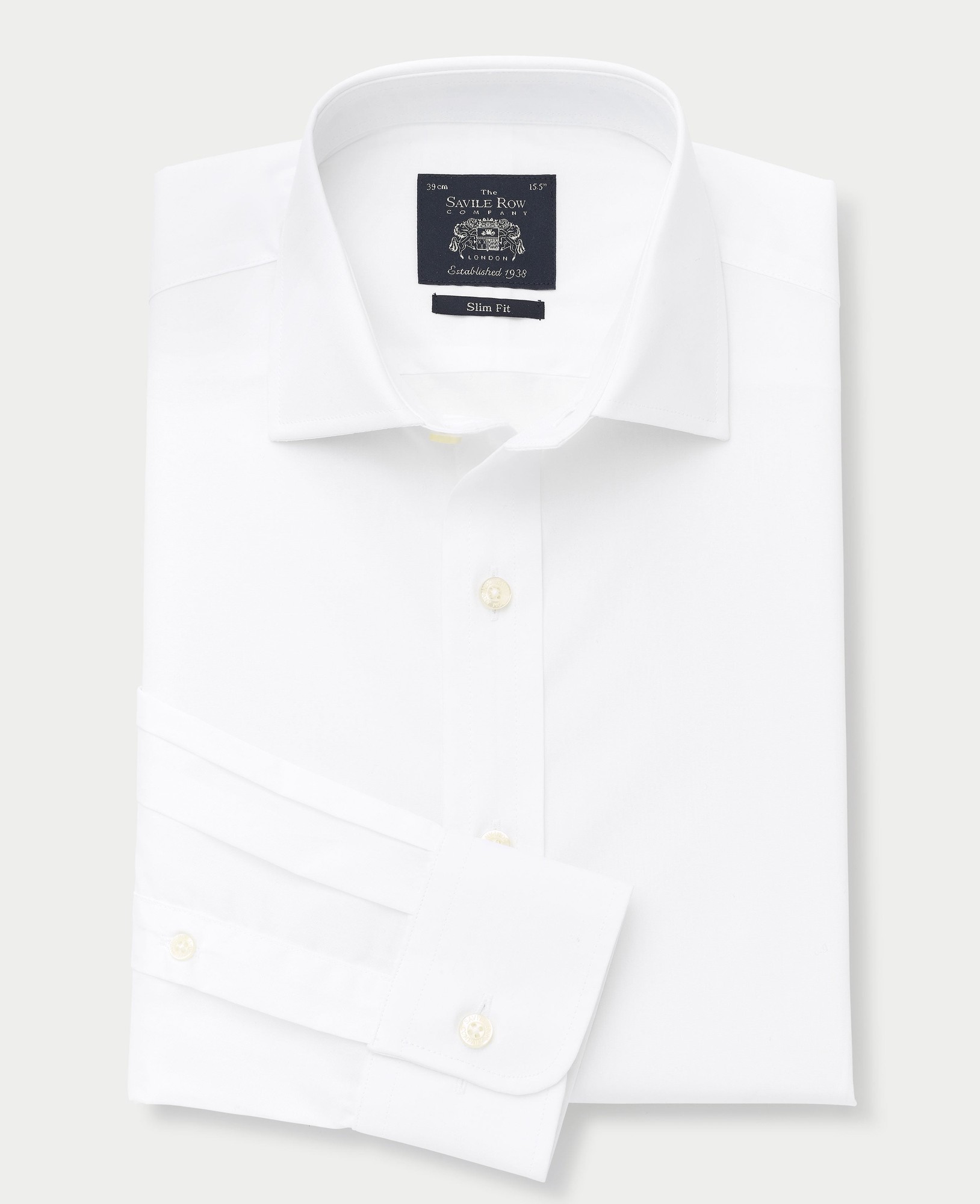 Men's white slim fit formal shirt made of cotton poplin, featuring a crisp collar, single or double cuff options, and a Savile Row Company label. Size 15.5, extra long 36".