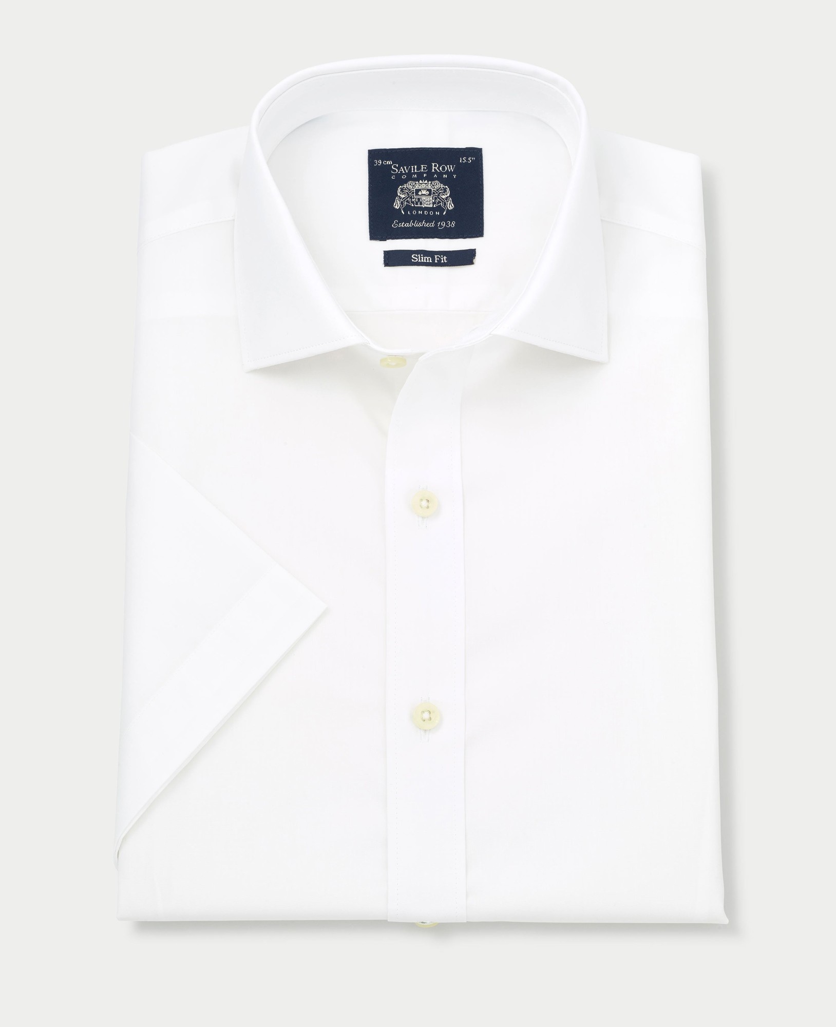 White slim fit short sleeve shirt by Savile Row Company, featuring a classic collar, button-down front, and size 18, made from a smooth cotton material.