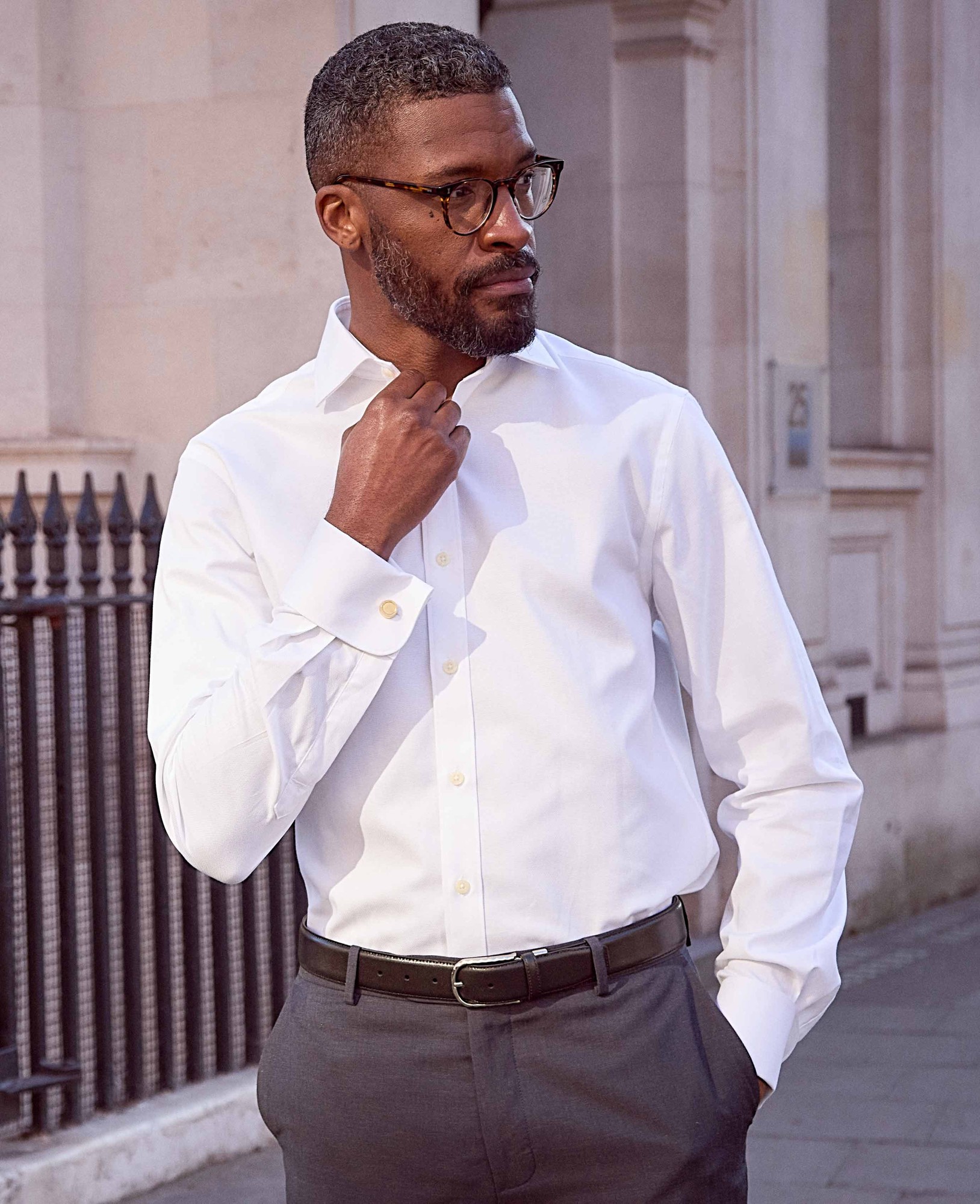 Men's White Textured Cotton Slim Fit Formal Shirt - Double Cuff - Size: 15.5" x Extra Long - 36" - Savile Row Company - image 4