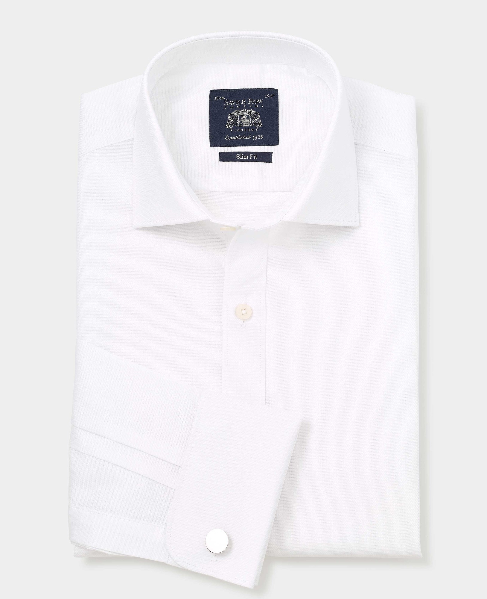 Men's white textured cotton formal shirt featuring a slim fit design, double cuffs, and a size label of 16" X extra long, with a Savile Row Company tag.