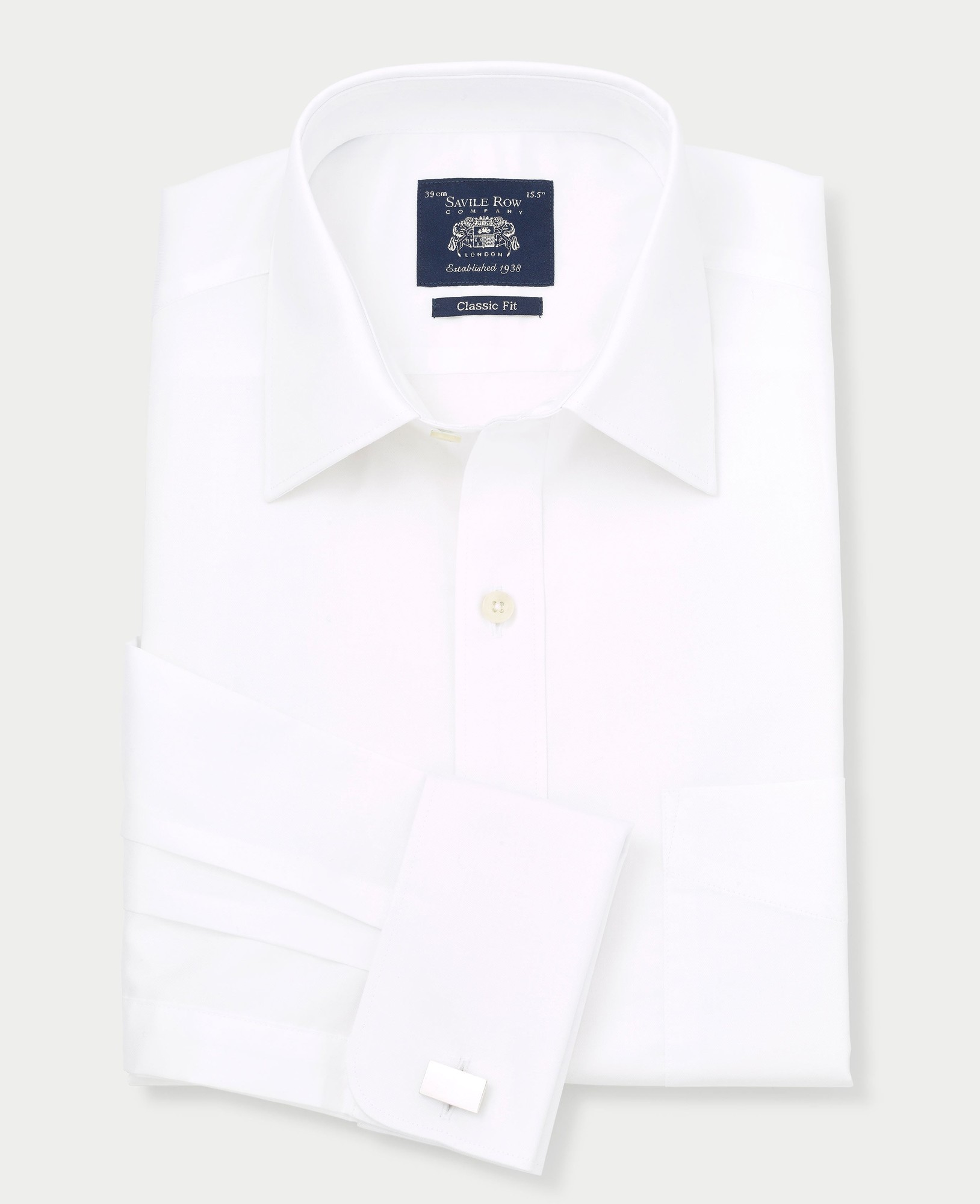 Men's white twill classic fit shirt featuring single or double cuffs, size 15" X standard, 34", with a navy label from Savile Row Company.