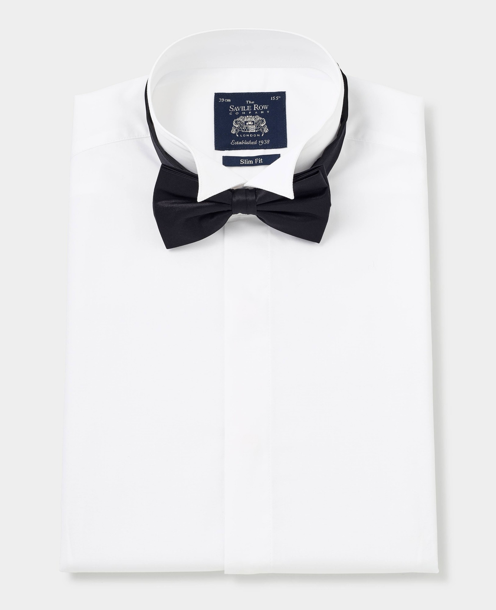 Men's white wing collar slim fit dress shirt with double cuffs, made from crisp fabric, featuring a black bow tie and a Savile Row Company label, size 17" X Extra Long - 37.5".