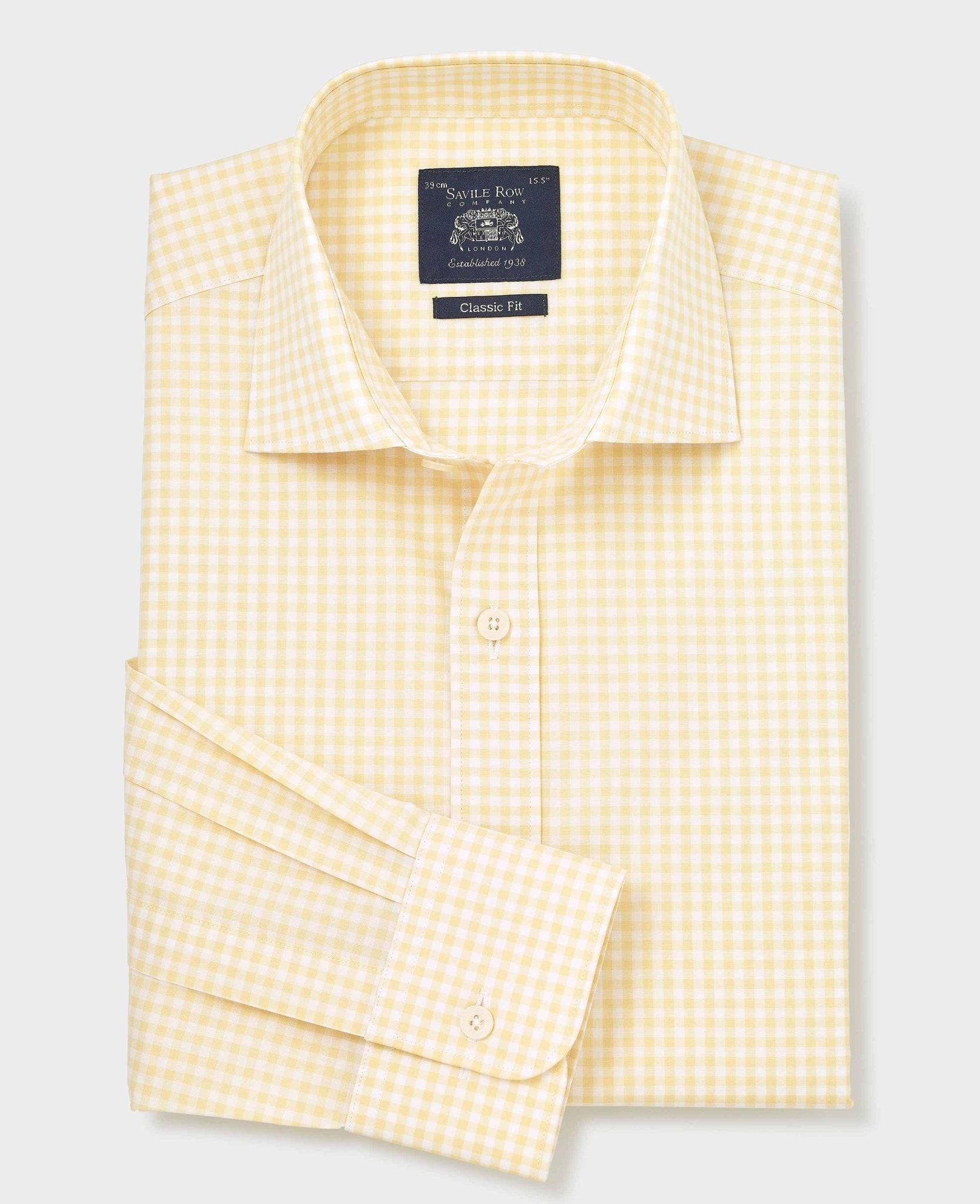 Men's yellow cotton poplin gingham check formal shirt with a classic fit, single cuff, size 15" x standard 34", featuring a crisp collar and Savile Row Company label.