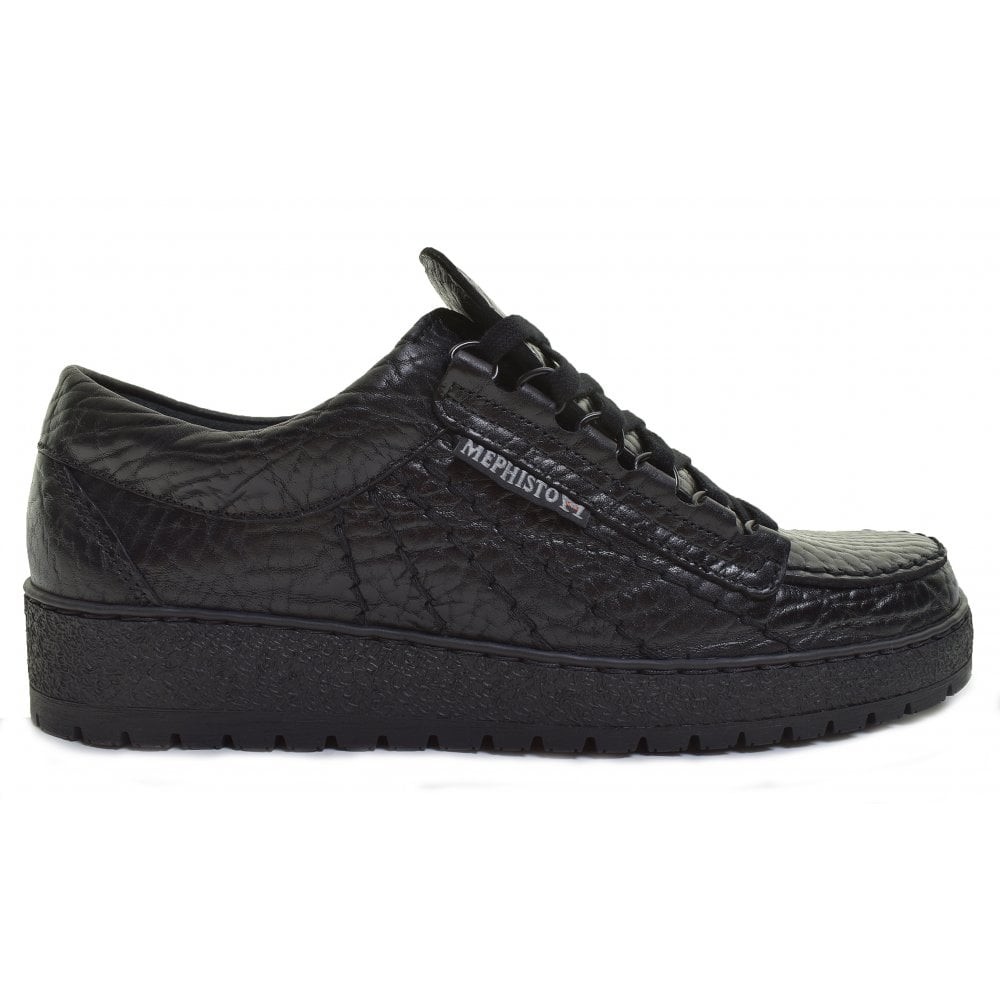 Black leather sneakers featuring a textured finish, lace-up design, and a thick black sole, branded with "Mephisto" on the side.