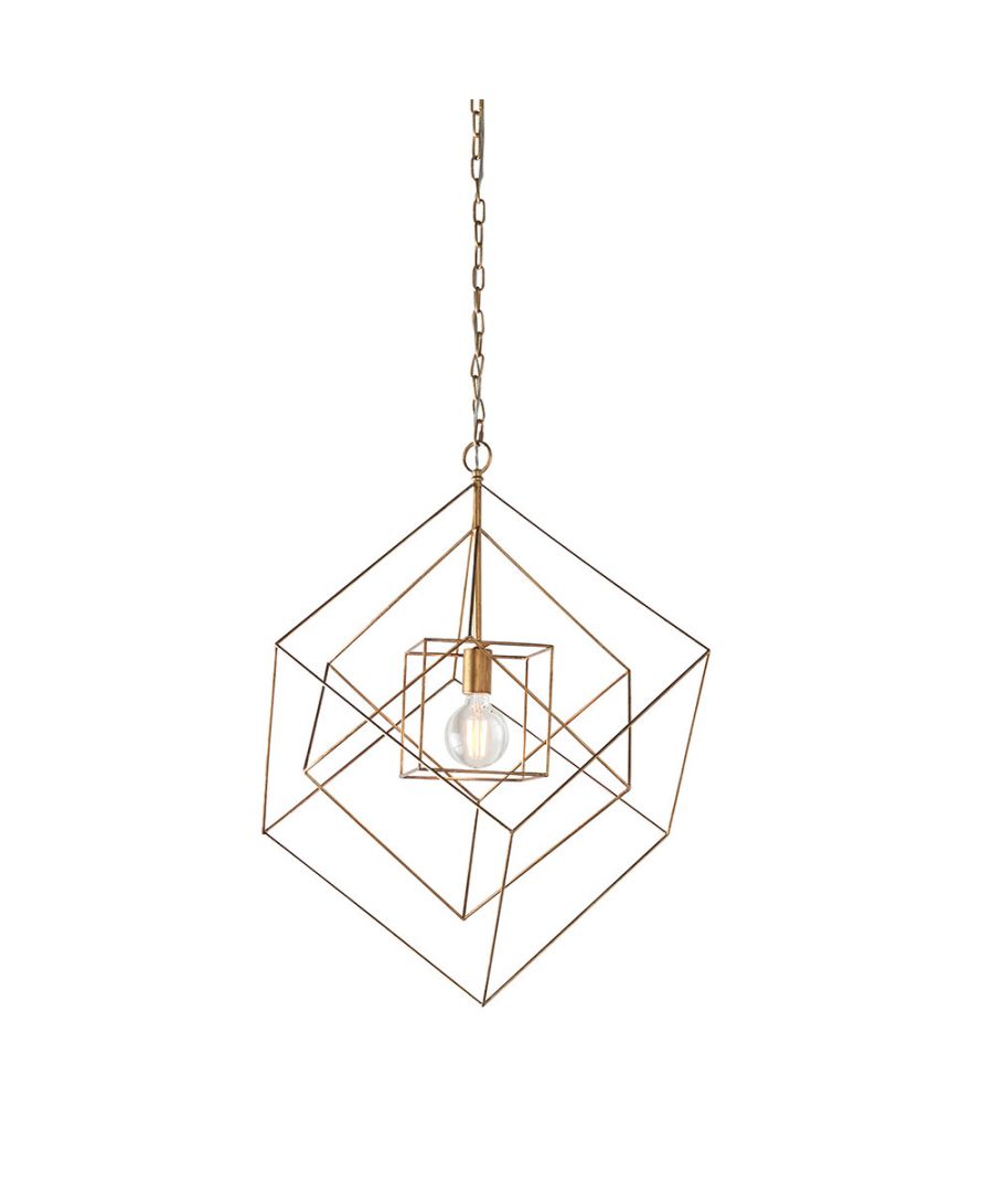 Antique gold leaf pendant ceiling light with a geometric wireframe design, featuring a central bulb holder and a chain for hanging.