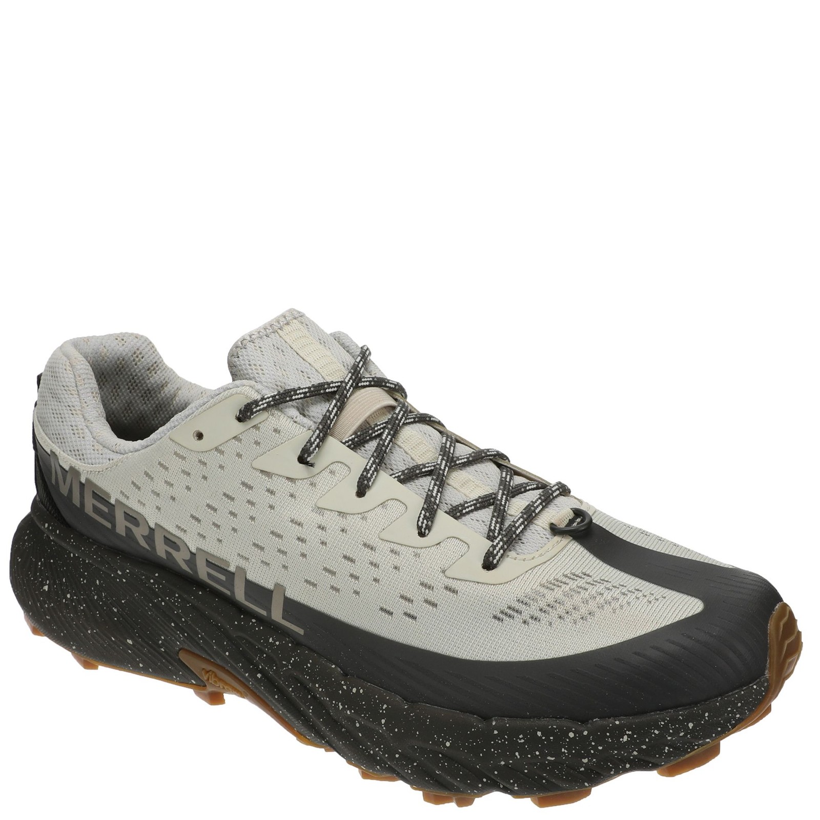 Light grey and black Merrell Agility Peak 5 men's running shoe featuring a breathable upper, reflective laces, and a rugged speckled sole for enhanced traction.