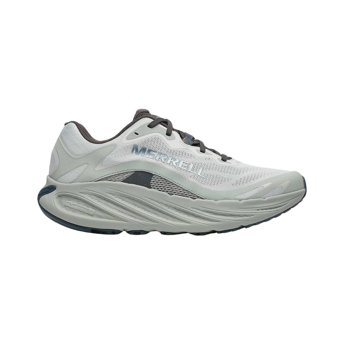 Men's Merrell Promorph Trail Running Shoes in Angelite, featuring a light gray mesh upper, dark gray accents, a cushioned sole, and a sleek design for optimal performance.