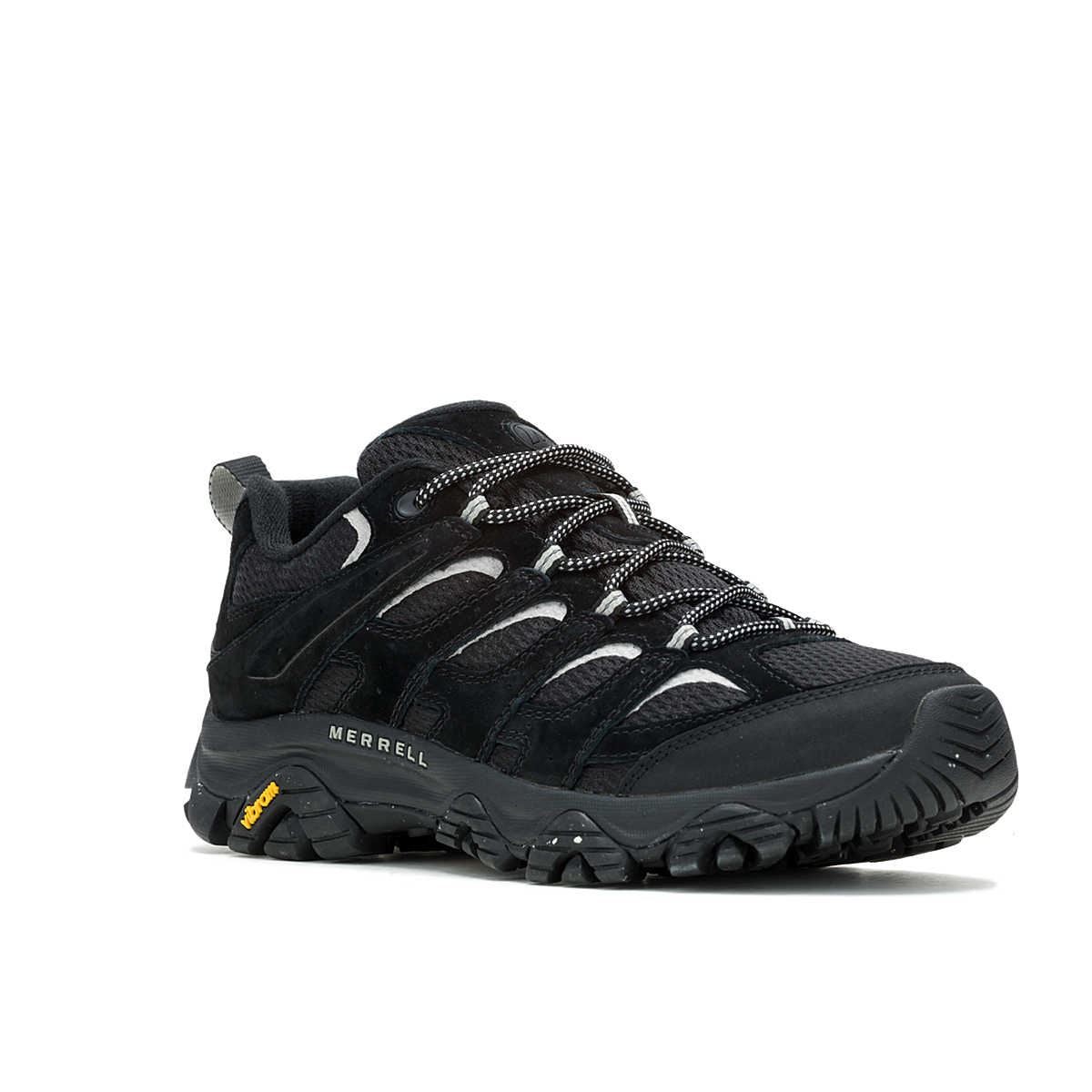 Merrell Moab 3 men's trainers in black and paloma, featuring a rugged design, breathable mesh upper, cushioned sole, and Vibram outsole for enhanced traction.