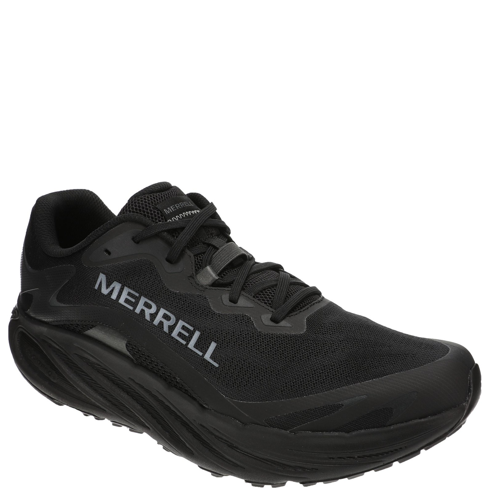 Black Merrell Promorph men's running shoe featuring a mesh upper, cushioned sole, and reflective detailing, designed for comfort and performance.