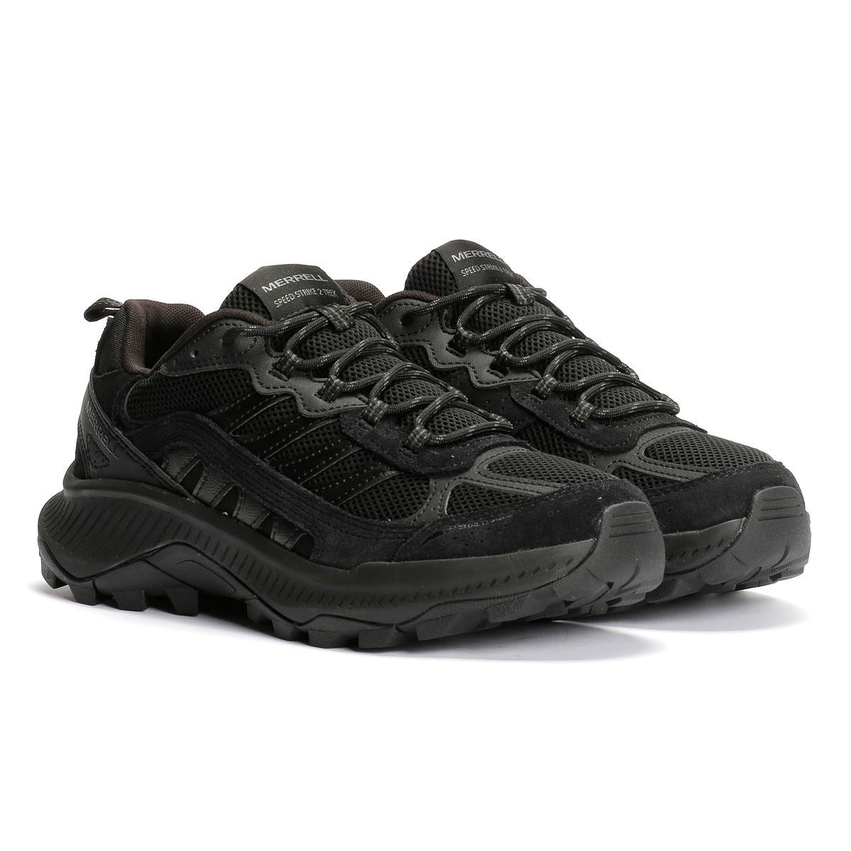 Men's Merrell Speed Strike 2 Trek trainers in triple black, featuring a combination of mesh and suede materials, rugged sole, and lace-up design for enhanced support and traction.
