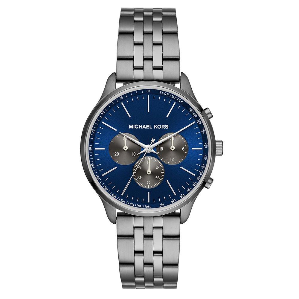 Michael Kors Bayville Chronograph MK8727 features a 44mm navy dial, gunmetal stainless steel bracelet, and three sub-dials for a stylish, sporty look.