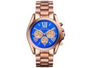 Michael Kors Bradshaw MK5951 women's chronograph watch featuring a 40mm rose gold-tone case, blue dial, and three sub-dials with Roman numerals.