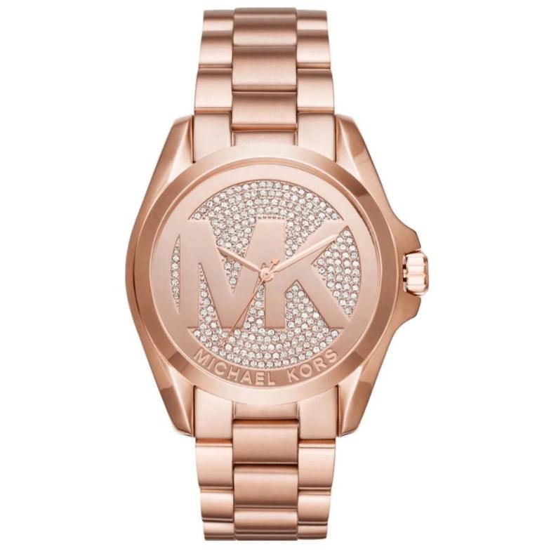 Rose gold-tone women's watch featuring a pave dial with sparkling stones, large MK logo, and a sleek metal bracelet.
