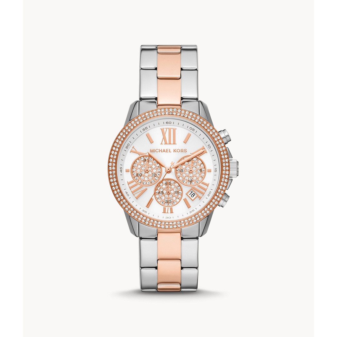 Two-tone stainless steel women's watch featuring a white dial, rose gold accents, three sub-dials, crystal embellishments, and a date display at the 4 o'clock position.