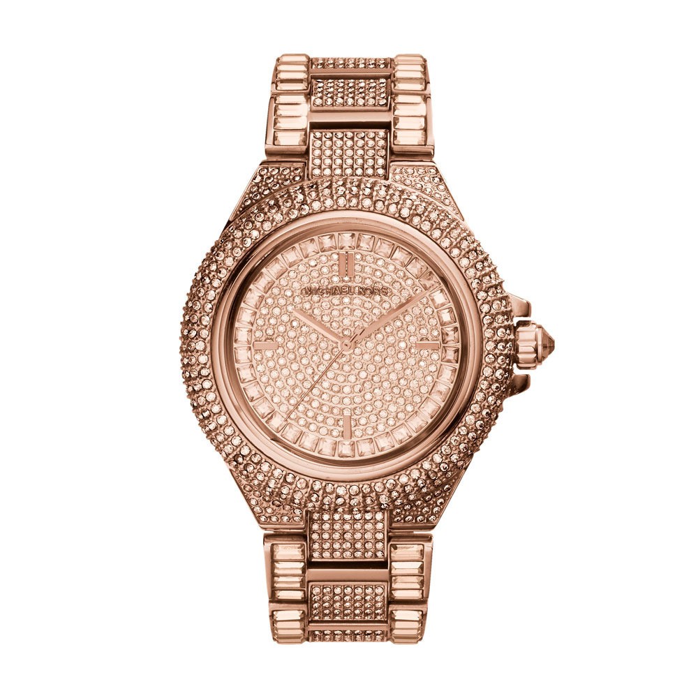 Michael Kors Camille MK5862 women's watch features a 44mm rose gold case, a pave crystal dial, and a steel bracelet adorned with sparkling crystals.