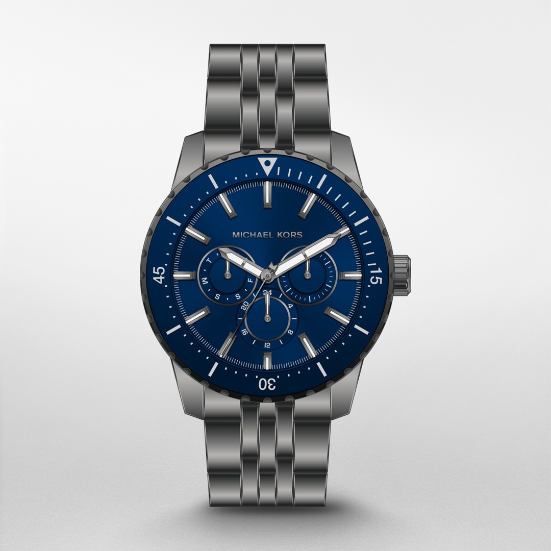 Michael Kors Cunningham MK7155 men's multifunction watch features a 44mm gunmetal steel bracelet, a blue dial with three subdials, and silver-tone hour markers and hands.