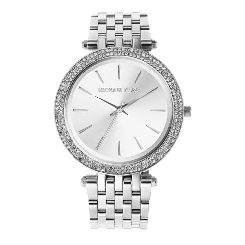 Michael Kors Darci MK3190 women's watch features a silver dial, stainless steel band, and a sparkling bezel adorned with crystals, measuring 39mm in diameter.