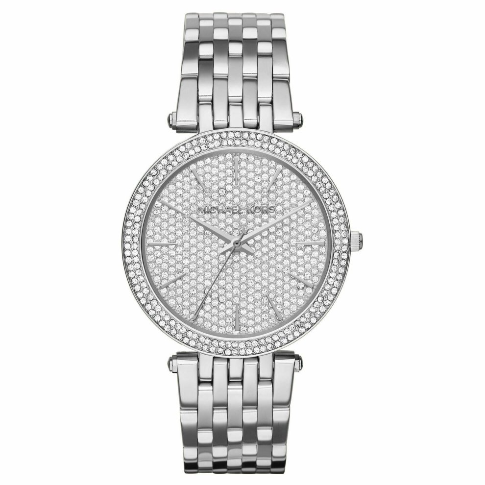Silver-tone Michael Kors Darci MK3437 watch featuring a 39mm crystal pavé dial, stainless steel bracelet, and a sparkling bezel for an elegant look.