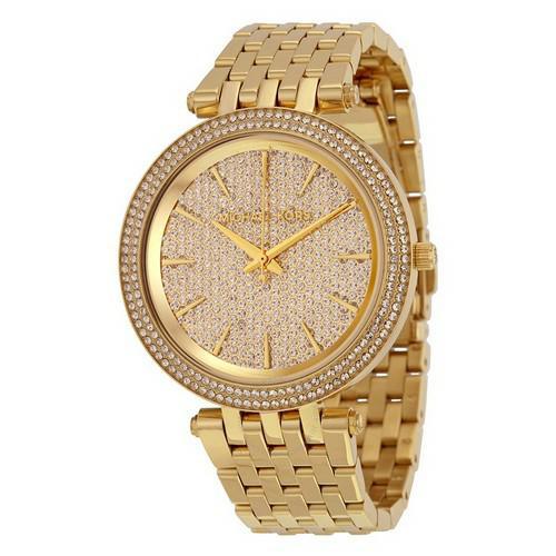 Michael Kors Darci MK3438 women's watch featuring a 39mm gold-tone bracelet, sparkling gold pave dial, and a bezel adorned with crystals for a luxurious look.