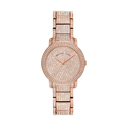 Rose gold women's watch with a 33mm pave crystal dial and a steel bracelet, featuring a sparkling design and the Michael Kors logo prominently displayed.