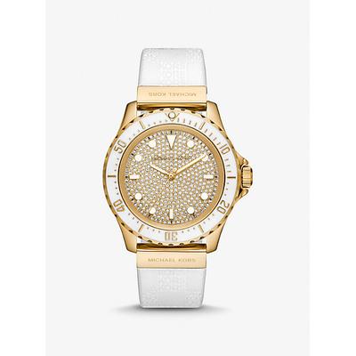 Gold-tone women's watch with a pavé dial, 43mm case, and white silicone strap, featuring sparkling accents and a sleek design.