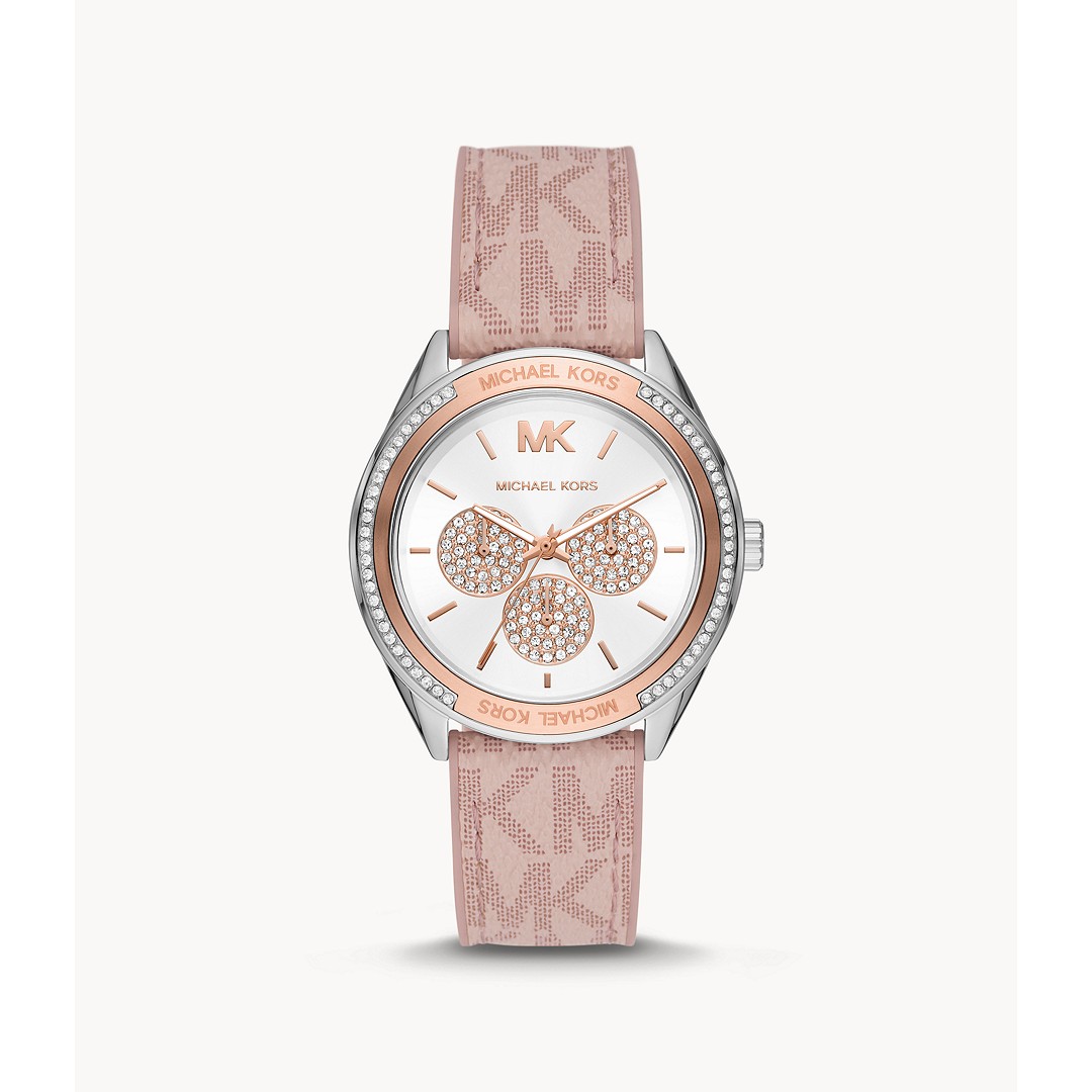 Michael Kors Jessa MK7206 women's multifunction watch features a 40mm silver dial with sparkling accents, a pink logo-printed strap, and a sleek silver-tone case.
