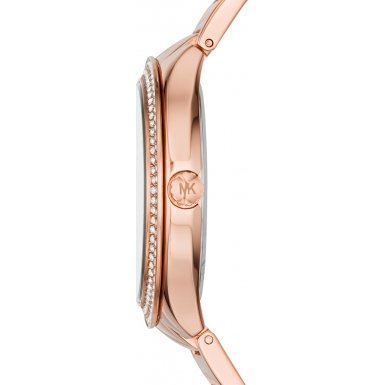 Michael Kors Kerry MK3397 women's watch features a 37mm black mother of pearl dial, rose gold-tone steel bracelet, and sparkling accents around the case.