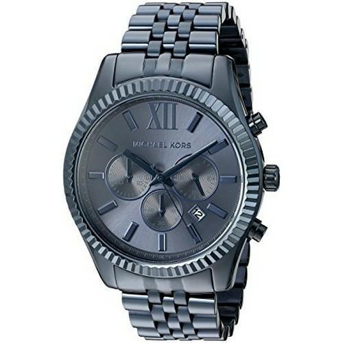 Men's Michael Kors Lexington MK8480 chronograph watch features a 44mm navy blue dial, stainless steel bracelet, and a textured bezel with Roman numerals and sub-dials.