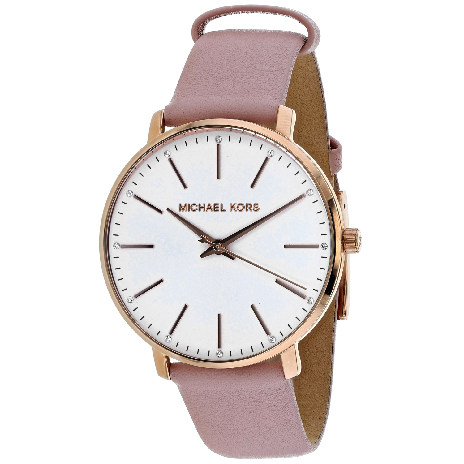 Michael Kors Pyper MK2741 features a white dial with rose gold accents, a minimalist design, and a light pink leather strap for a stylish, modern look.