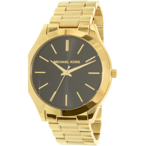 Gold-tone ladies watch featuring a slim octagonal case, black dial with gold hour markers, and a matching gold-tone metal bracelet.