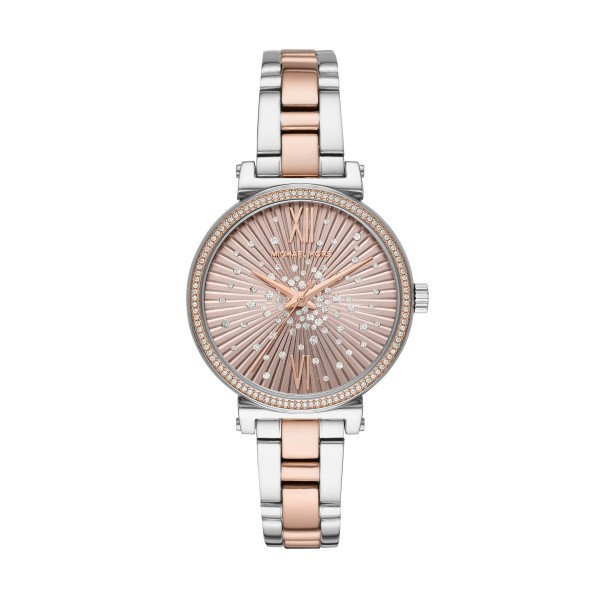 Michael Kors MK3972 Sofie watch features a rose gold dial with a sunburst pattern, diamond accents, and a two-tone stainless steel bracelet in silver and rose gold.