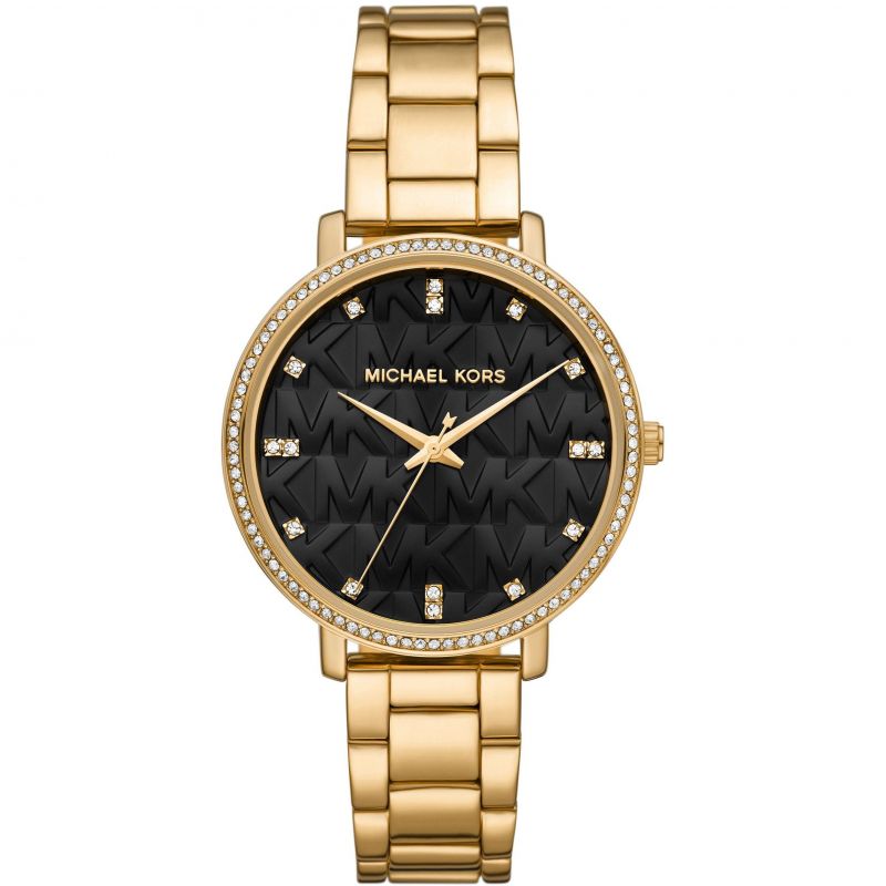 Gold-tone metal bracelet watch featuring a black MK-patterned dial, crystal hour markers, and a round bezel adorned with sparkling stones.