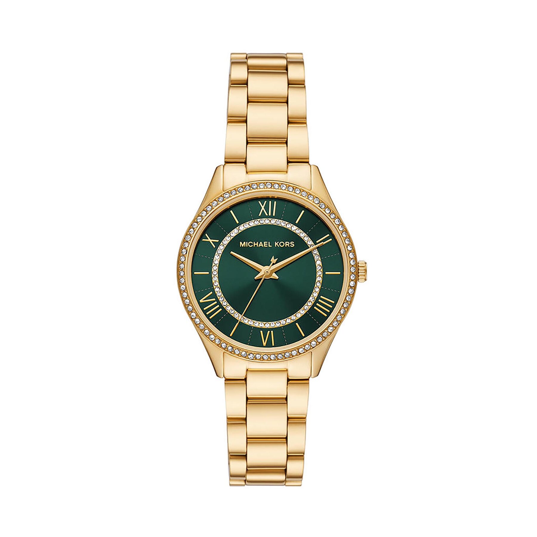 Gold-tone metal watch with a green dial, Roman numerals, and a crystal-encrusted bezel, featuring a linked bracelet design by Michael Kors.