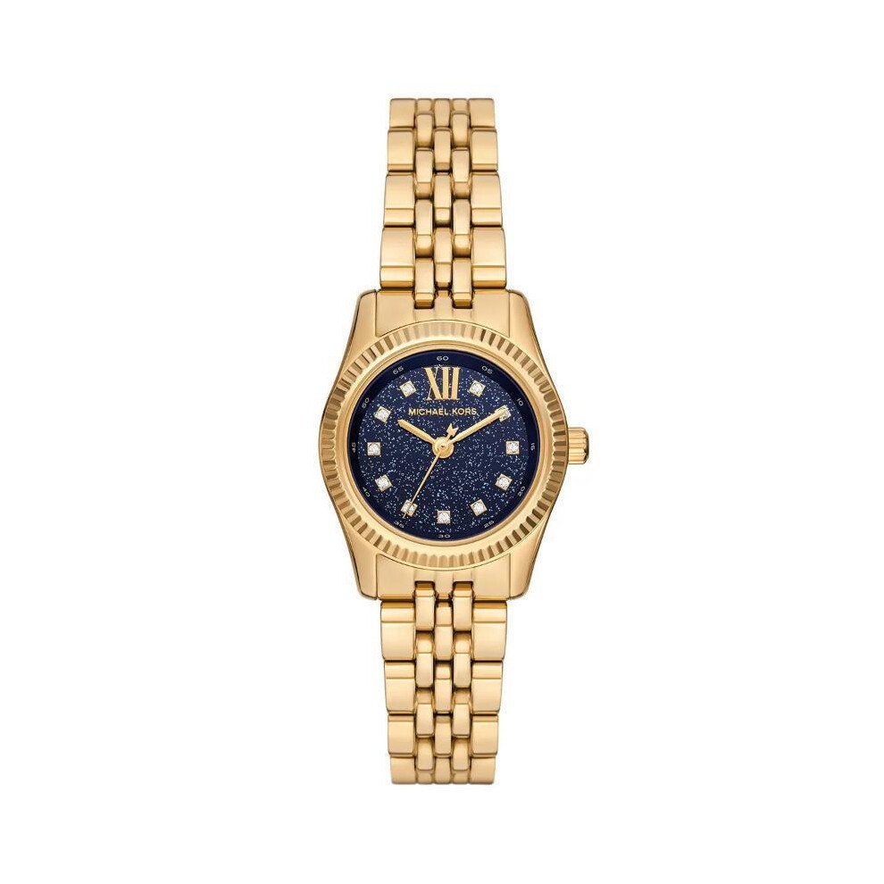 Gold-tone stainless steel ladies watch featuring a blue dial with a starry design, gold hour markers, and a linked bracelet.