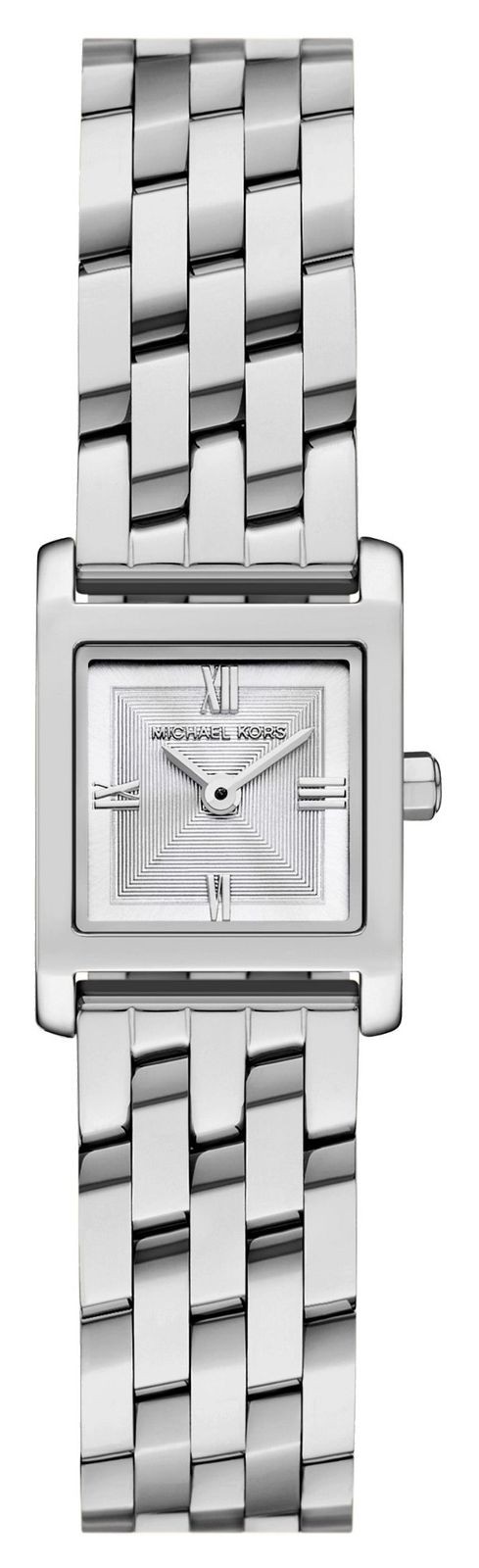 Silver stainless steel women's watch by Michael Kors features a rectangular face with a textured silver dial and bold hour markers, complemented by a chunky link bracelet.